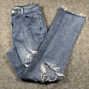 Encore Jeans Straight Leg Raw Hem Distressed Blue Denim Womens/Junior 5 (V2319M)